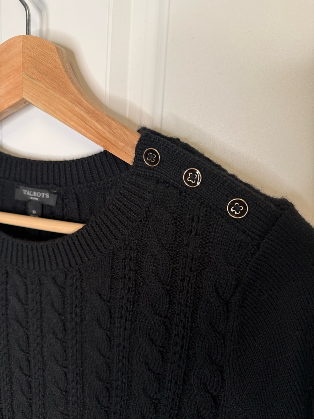Talbots Petite Black Cable Knit Shoulder Button Sweater SP - Picture 5 of 11